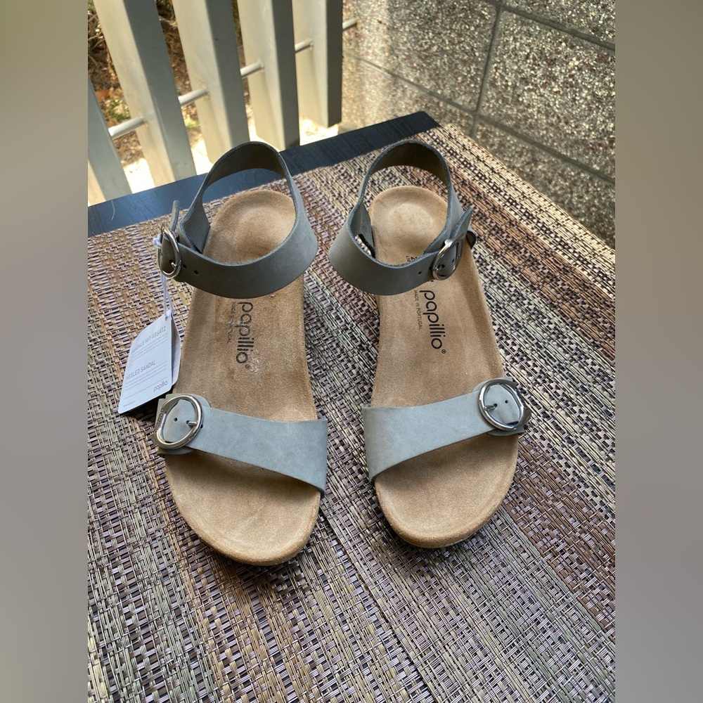 Papillio Light Gray Suede Buckle Ankle-Strap Sandals